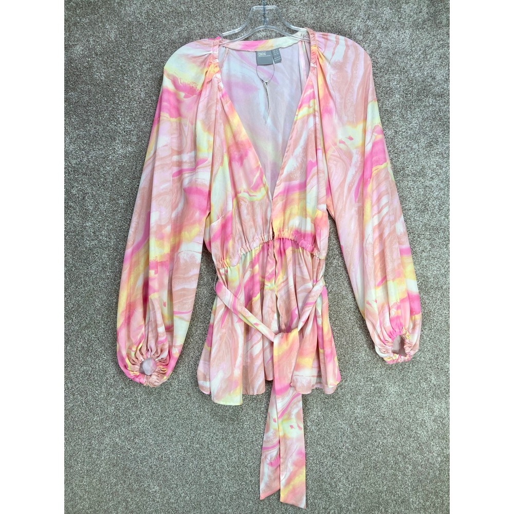 ASOS Marble Print V Neck Long Sleeve Blouse Womens 12 Pink Yellow Boho Top NWT
